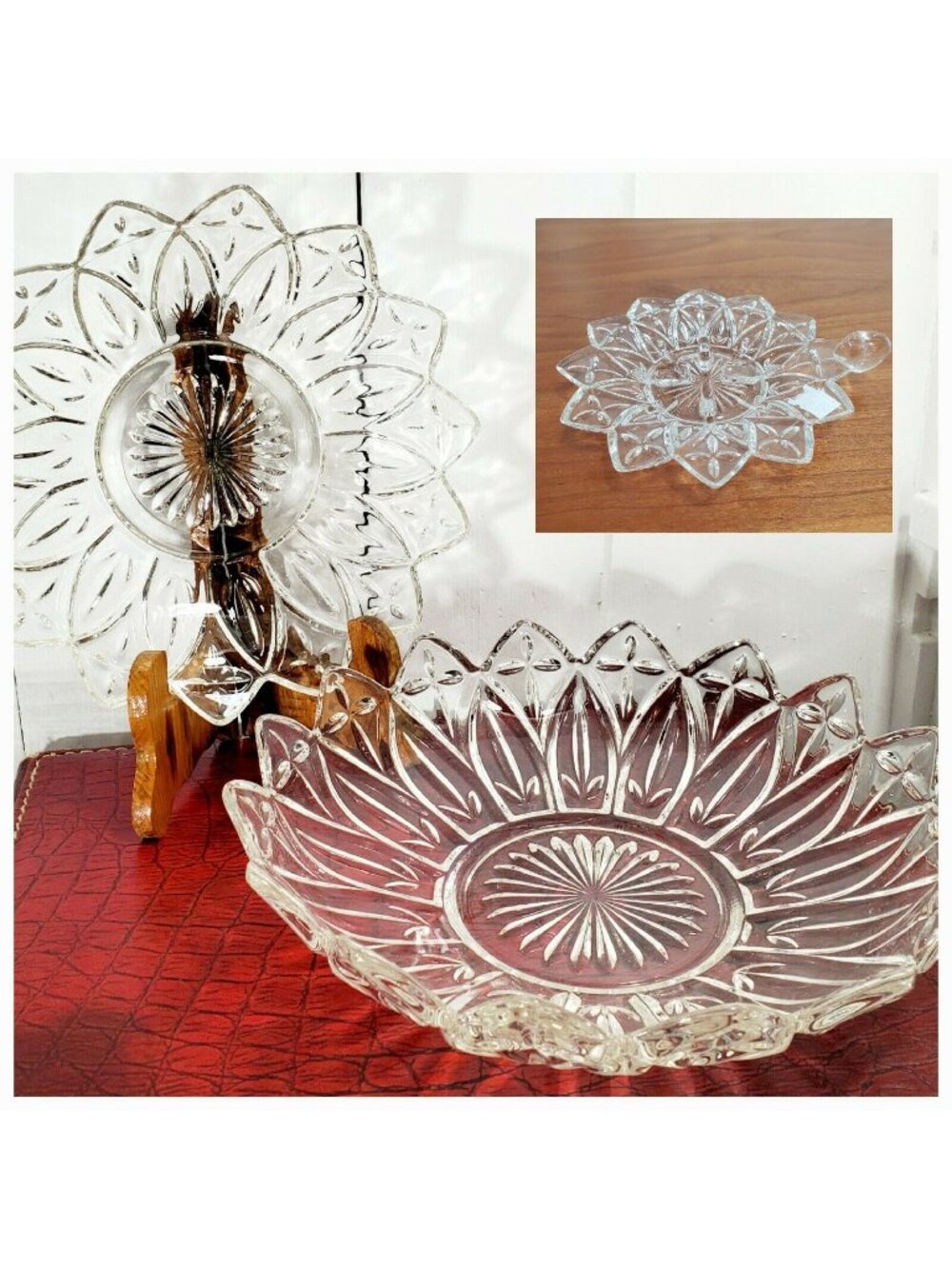 Federal Glass Petal CLEAR Bowls 8" 10" & candle stick holder lot of 3 flower